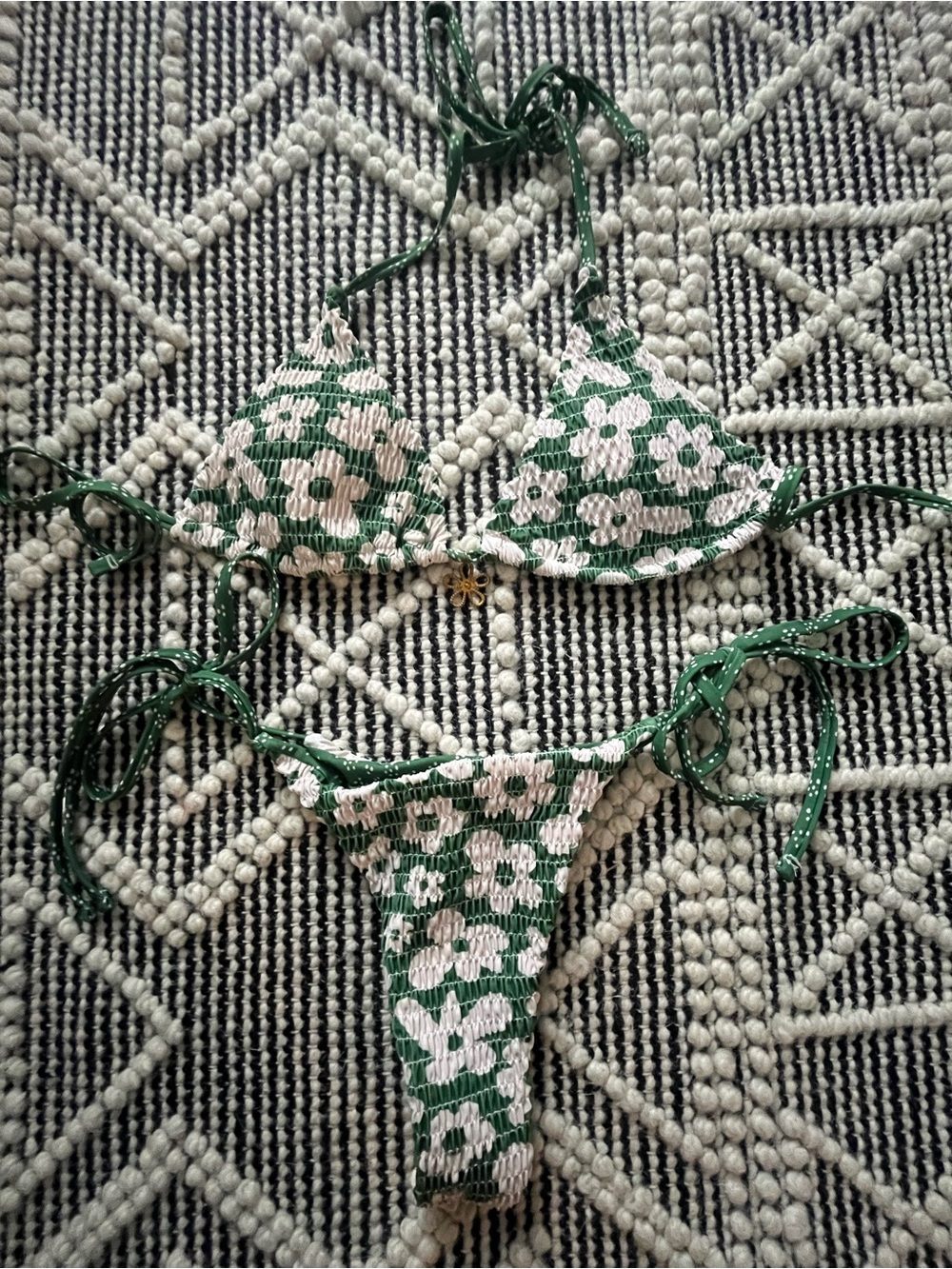 SHEIN Green and White Floral Smocked Triangle Bikini Set